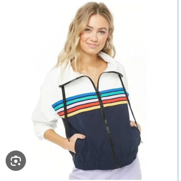 FOREVER 21 White/Navy Zip Up Hooded Striped Jacket Size Medium - Picture 1 of 4